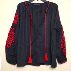 Zara Oversized Puff Sleeve Embroidered Peasant Top